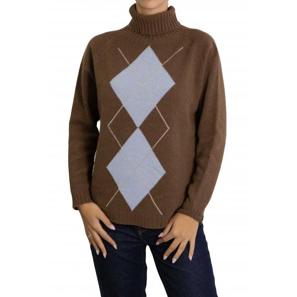 Maglione con rombi bicolore  collo alto misto cashmere